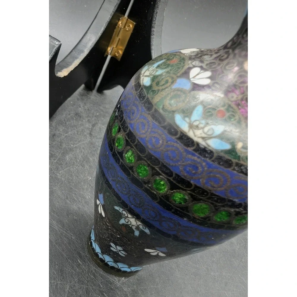 Antique Japanese Cloisonne Enamel Miniature Vase Blue Green Floral 3